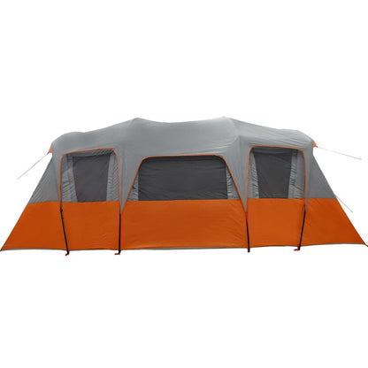 Zijaanzicht van de vidaXL Tunneltent 16-persoons in grijs met oranje details.