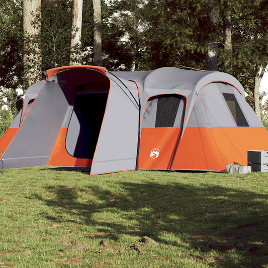 Grijze vidaXL tunneltent voor 16 personen met oranje accenten, opgesteld in een bosrijke omgeving.