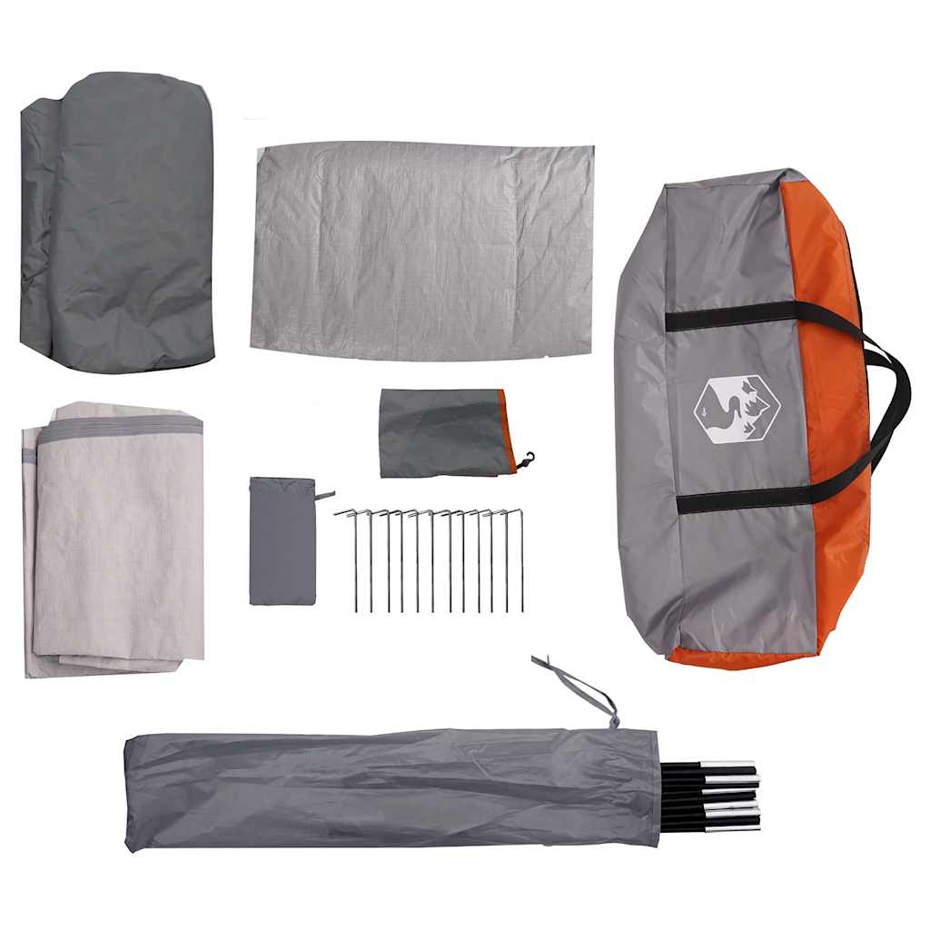 Detail van de tentonderdelen van de vidaXL 8-persoons tent in grijs en oranje.