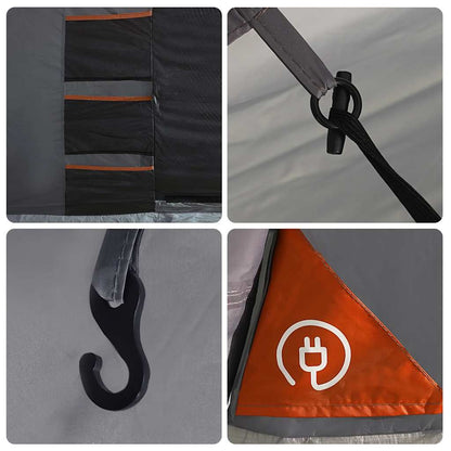 Detail van de grijze en oranje vidaXL tent met bevestigingshaak en stroomaansluiting.