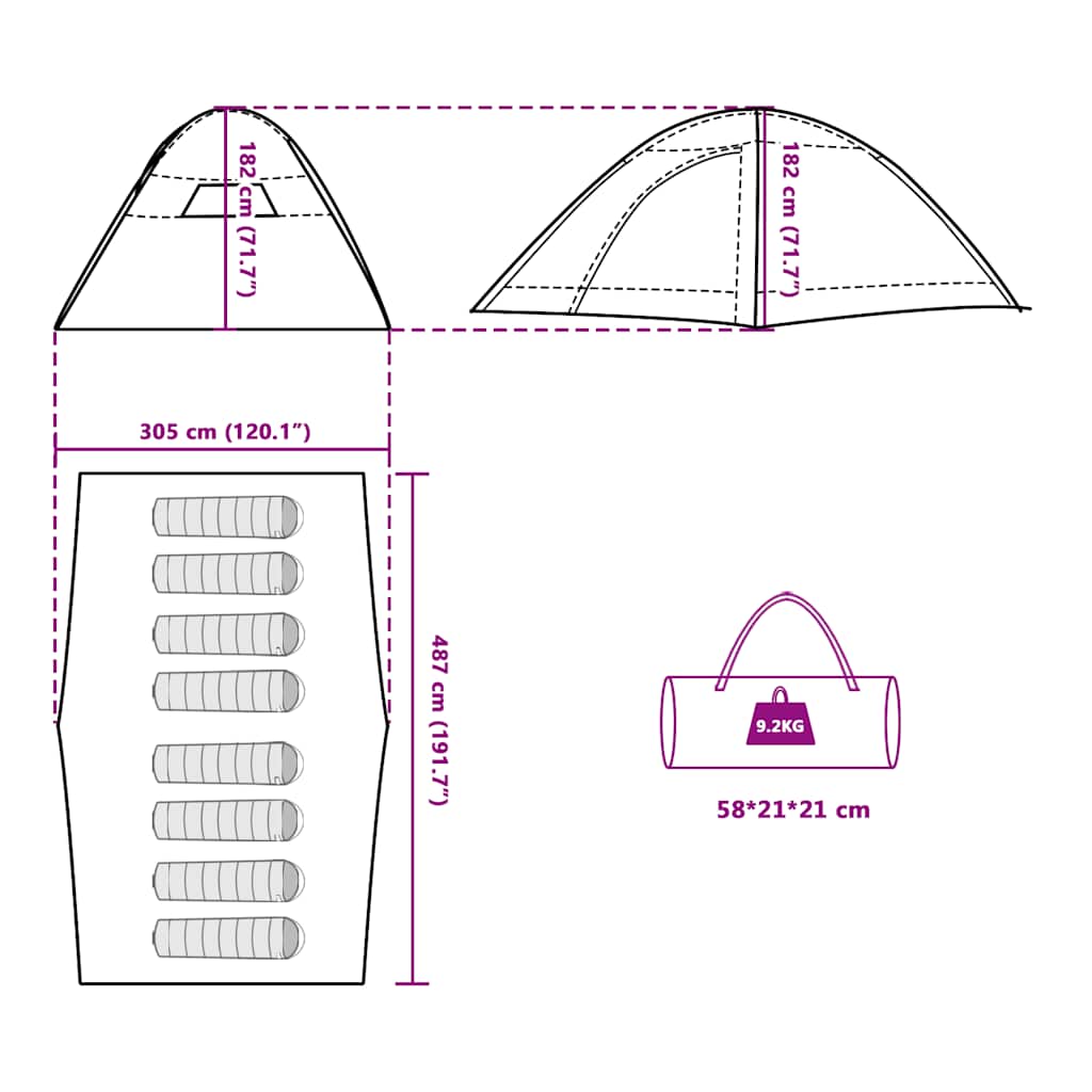 Detailweergave van de tentafmetingen en draagtas van de vidaXL 8-persoons tent.