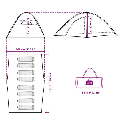 Detailweergave van de tentafmetingen en draagtas van de vidaXL 8-persoons tent.