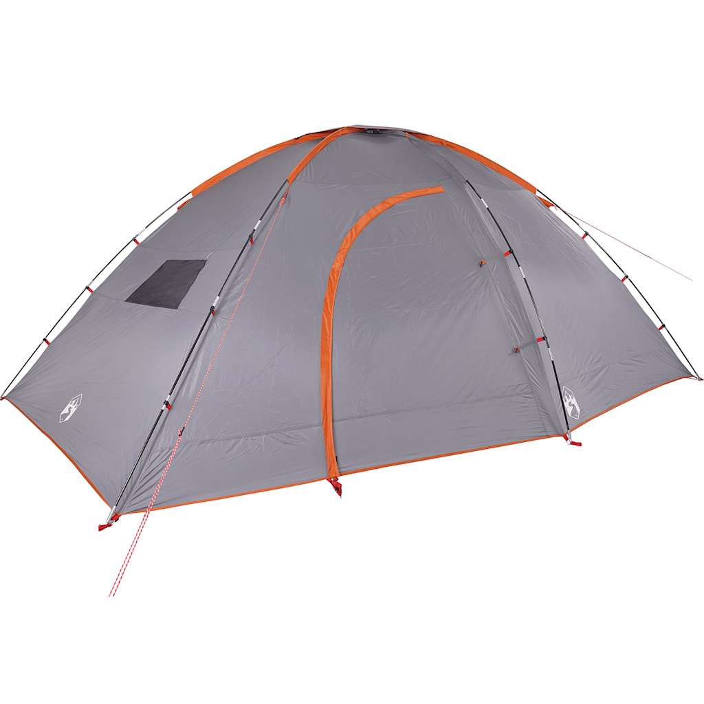 Zijaanzicht van de vidaXL 8-persoons tent in grijs met oranje details.