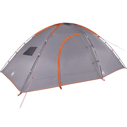 Zijaanzicht van de vidaXL 8-persoons tent in grijs met oranje details.