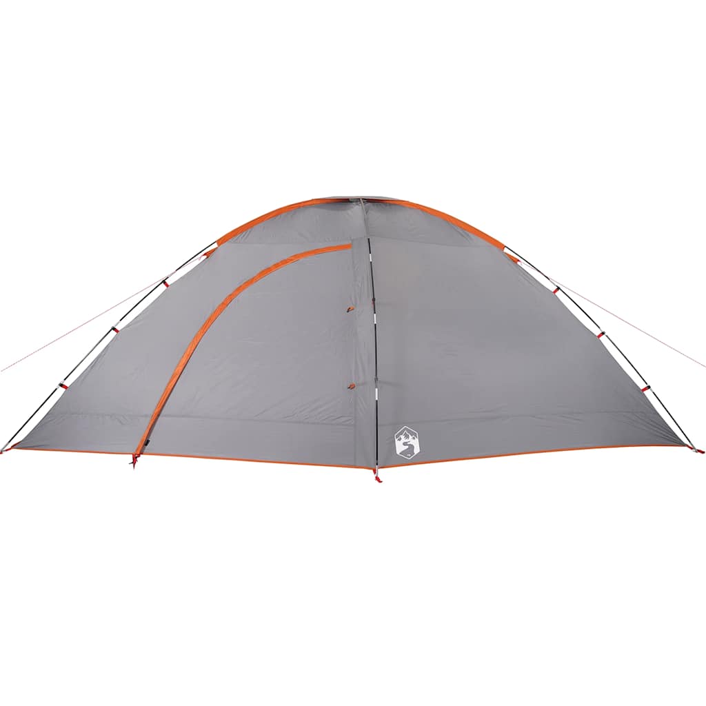 Zijaanzicht van de vidaXL 8-persoons tent in grijs met oranje details.