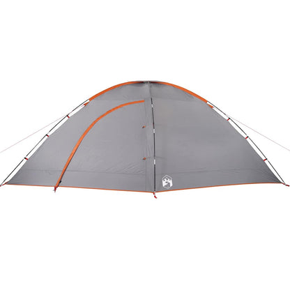 Zijaanzicht van de vidaXL 8-persoons tent in grijs met oranje details.