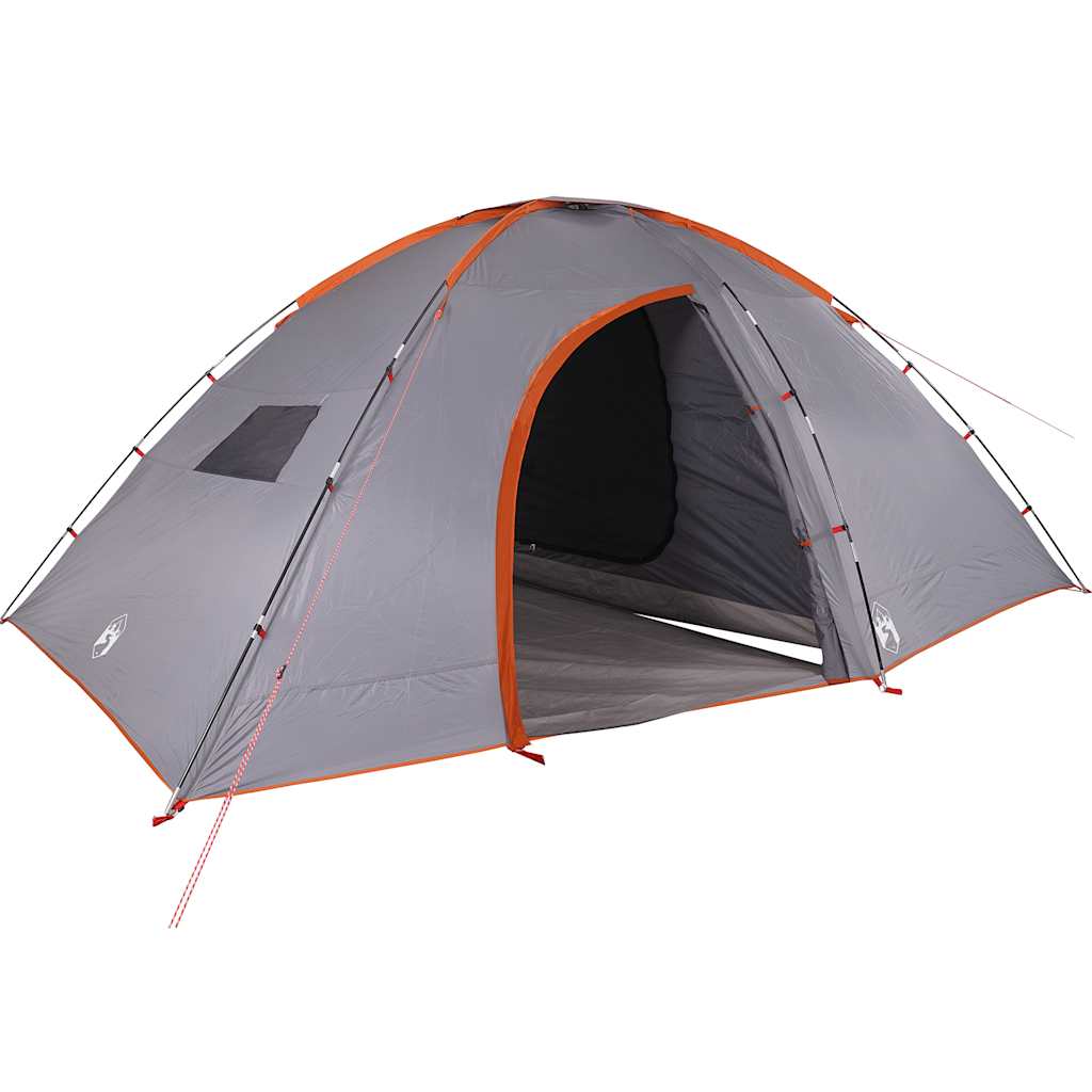 Detail van de vidaXL 8-persoons tent in grijs met oranje accenten, zijaanzicht met open ingang.