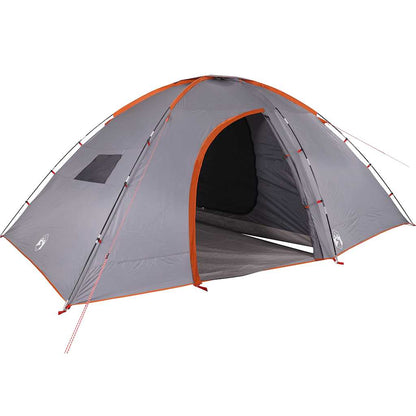 Detail van de vidaXL 8-persoons tent in grijs met oranje accenten, zijaanzicht met open ingang.