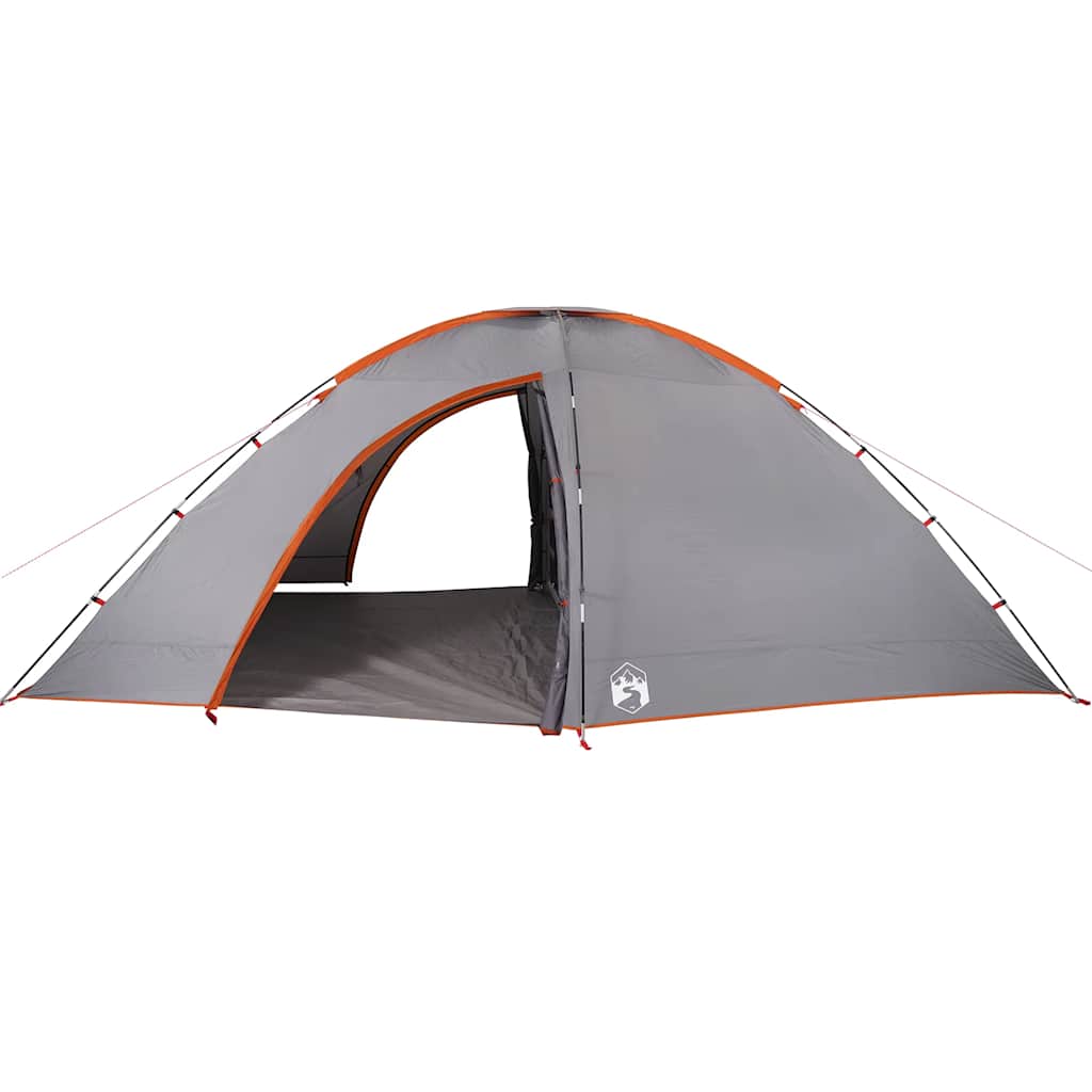 Zijaanzicht van de vidaXL 8-persoons tent in grijs met oranje accenten.