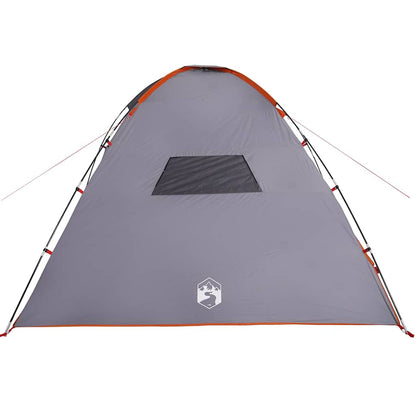 Zijaanzicht van de vidaXL tent, grijs met oranje details en ventilatierooster.