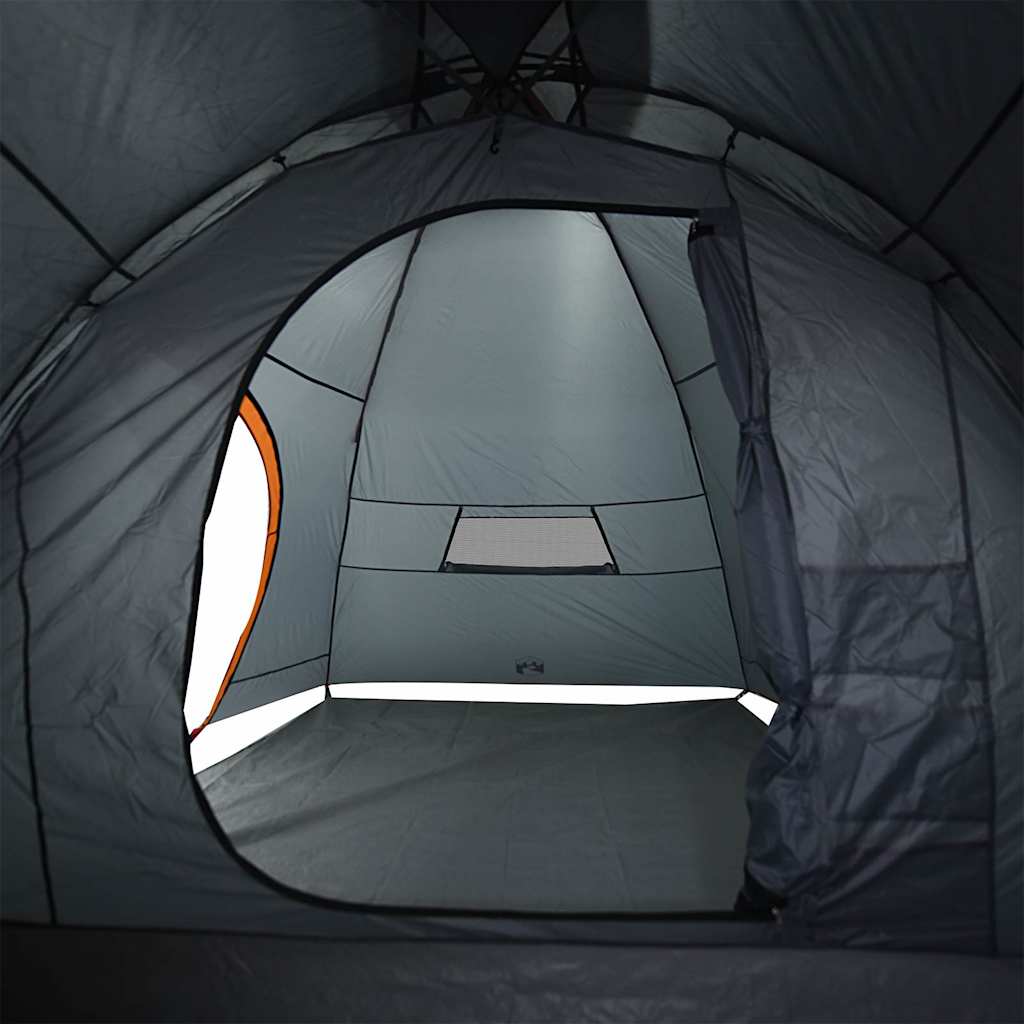 Zijaanzicht van de vidaXL 8-persoons tent met grijze en oranje details, binnenruimte zichtbaar.