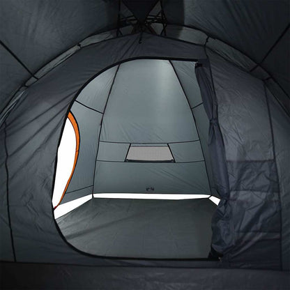 Zijaanzicht van de vidaXL 8-persoons tent met grijze en oranje details, binnenruimte zichtbaar.