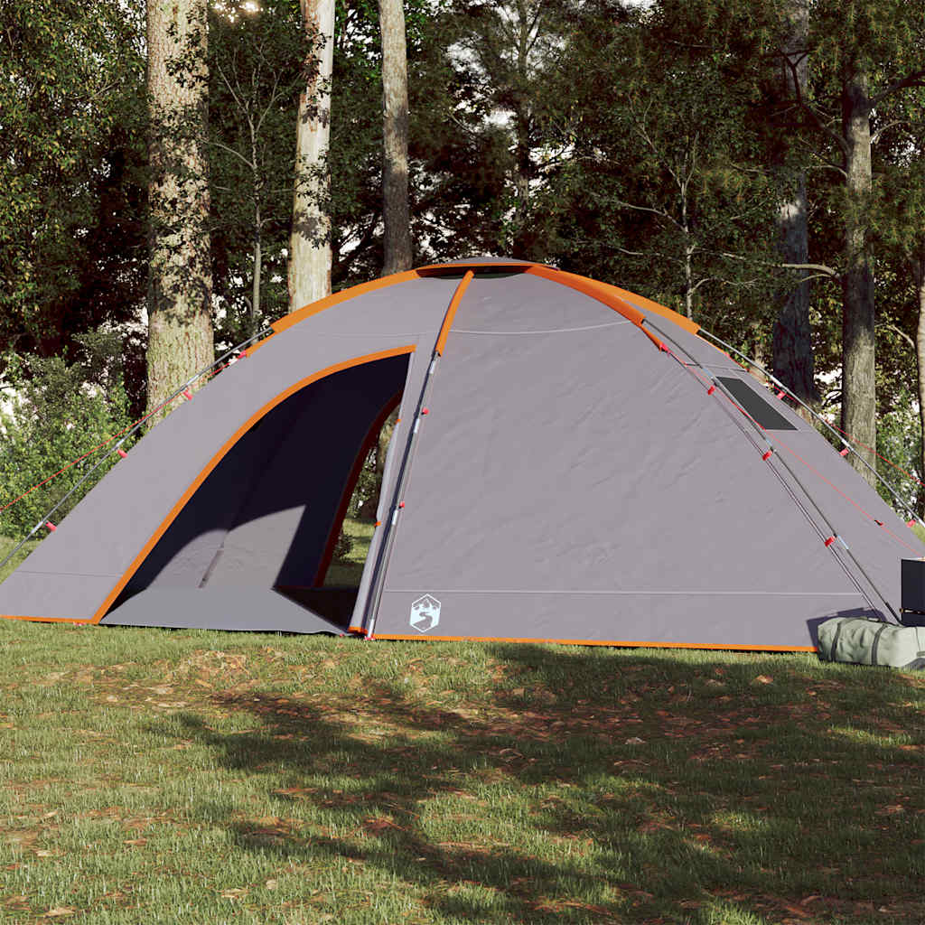Grijze en oranje vidaXL tent voor 8 personen, waterdicht en stevig in een bosrijke omgeving.
