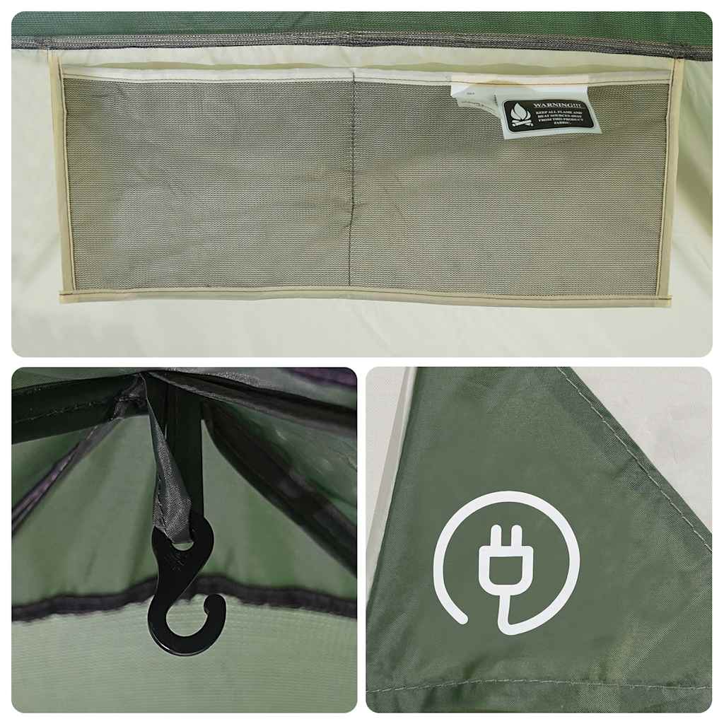 Detail van de groene vidaXL koepeltent met ventilatierooster en haak voor verlichting.