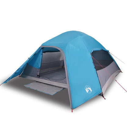 Zijaanzicht van de vidaXL koepeltent in blauw met open ingang en grondzeil.