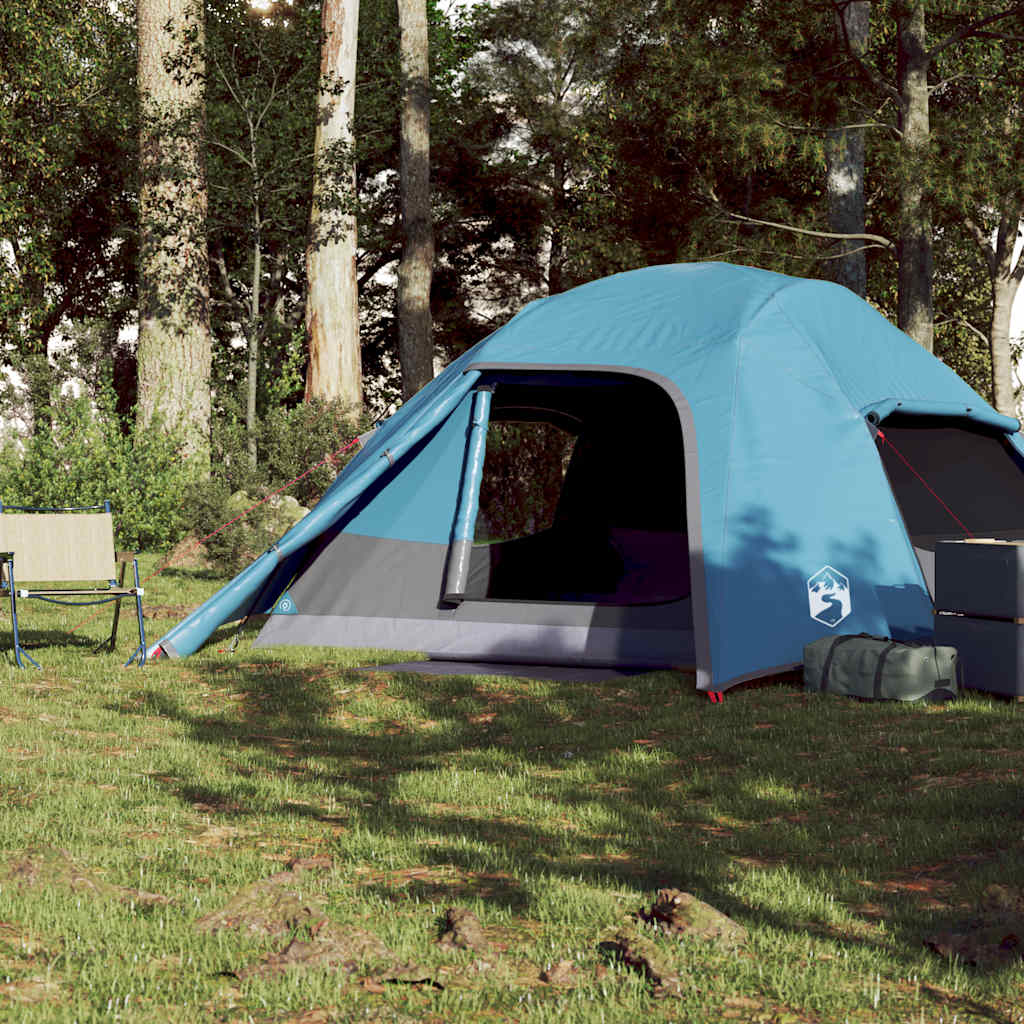 Zijaanzicht van de vidaXL 4-persoons koepeltent in blauw, opgesteld op gras.
