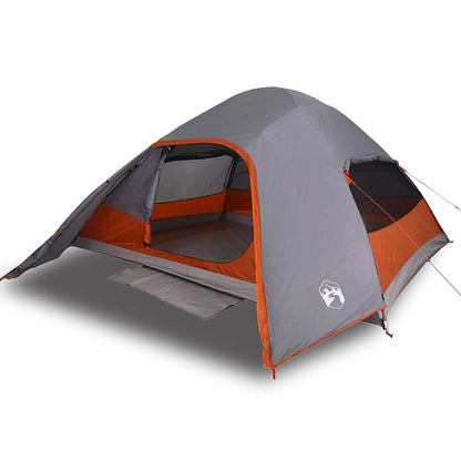 Zijaanzicht van de vidaXL 4-persoons koepeltent in grijs met oranje accenten.