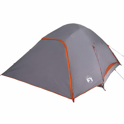 Zijaanzicht van de grijze vidaXL koepeltent, waterdicht met oranje accenten.