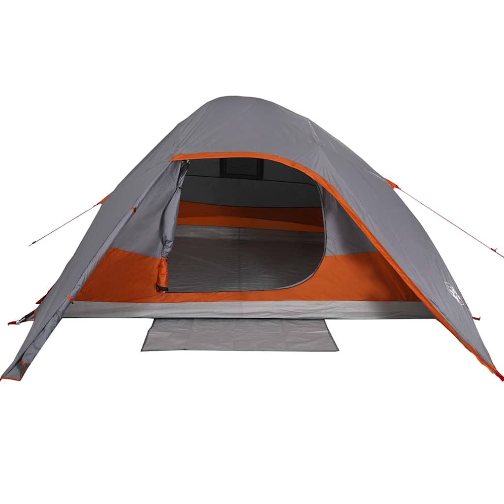 Zijaanzicht van de vidaXL koepeltent in grijs met oranje accenten en open ingang.