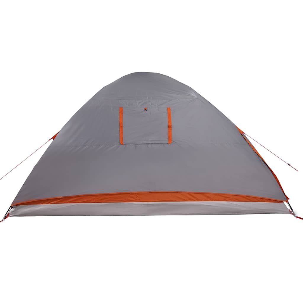 Zijaanzicht van de grijze vidaXL koepeltent met oranje accenten en ventilatierooster.