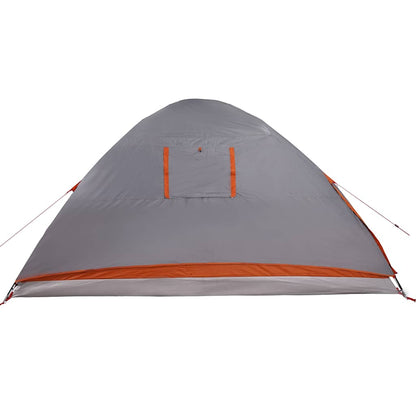 Zijaanzicht van de grijze vidaXL koepeltent met oranje accenten en ventilatierooster.
