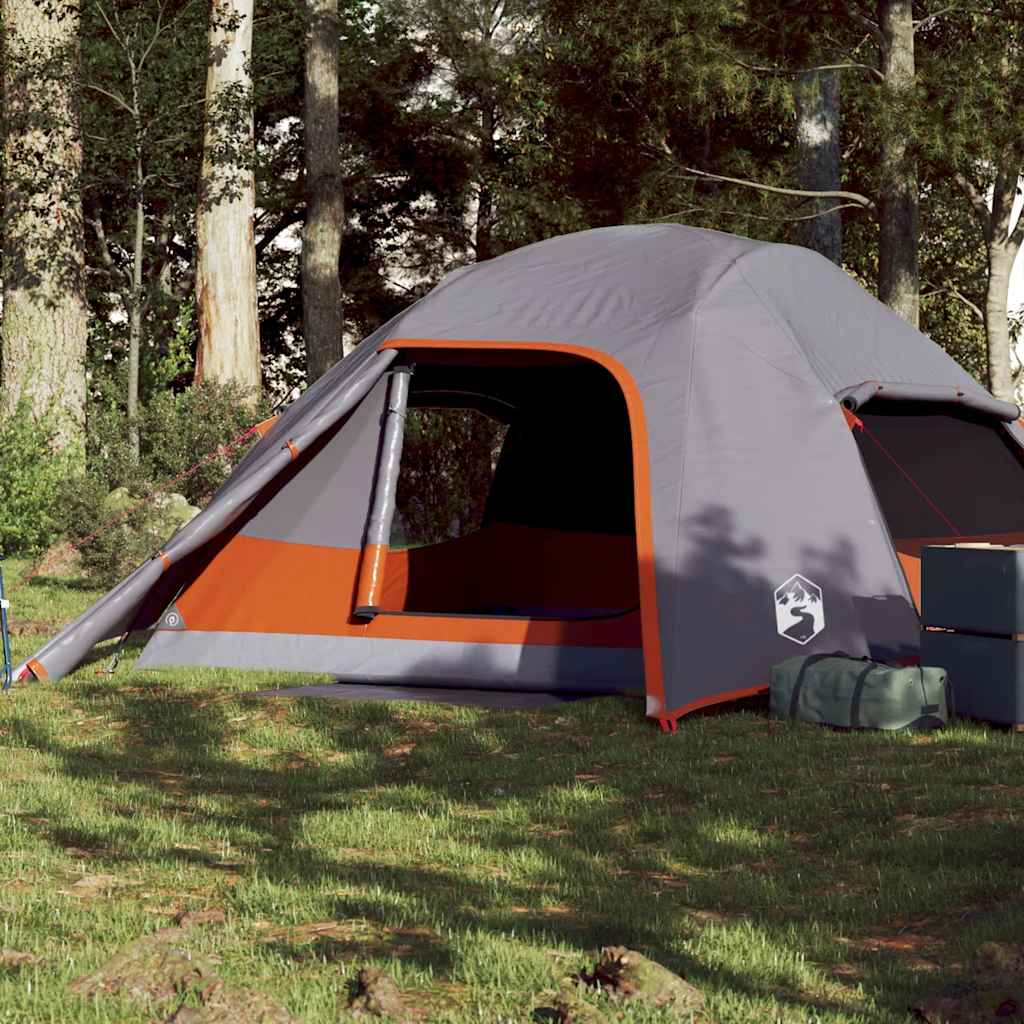 Grijze vidaXL koepeltent voor vier personen met een open ingang in de natuur.