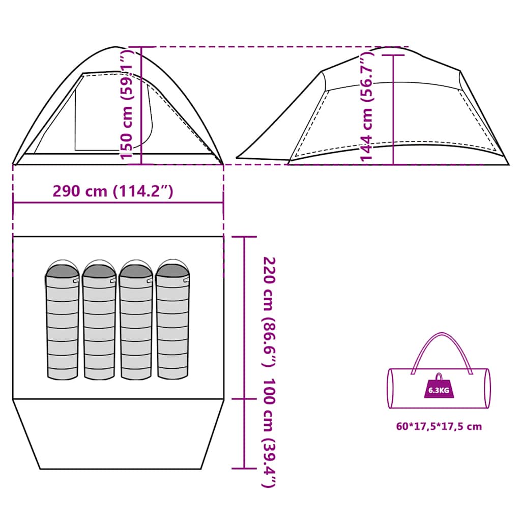 Detail van de afmetingen en specificaties van de vidaXL koepeltent voor 4 personen.