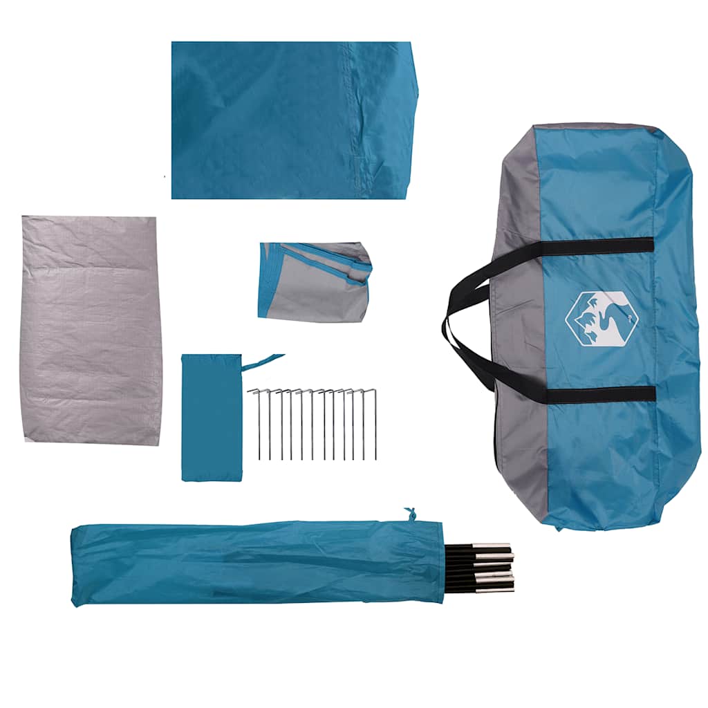 Accessoires en onderdelen van de vidaXL 6-persoons koepeltent in blauw, inclusief stokken en haringen.
