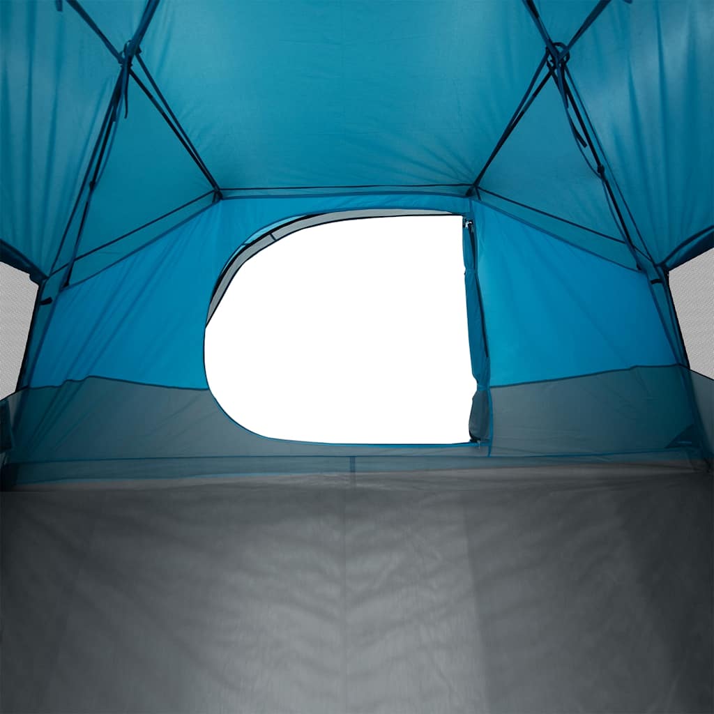 Detail van het zijraam van de vidaXL koepeltent, met blauw waterdicht doek.