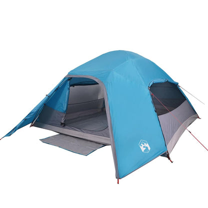Zijaanzicht van de vidaXL koepeltent in blauw, met open ingang en ventilatie.