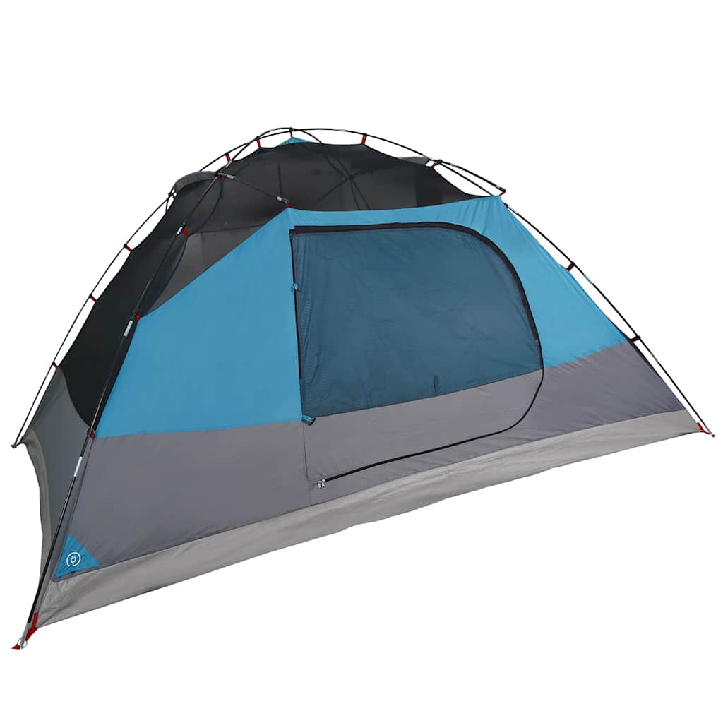 Zijaanzicht van de vidaXL koepeltent, met blauw en grijze details en grote ingang.