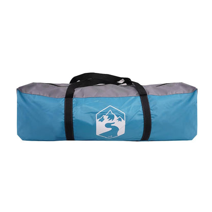 Blauwe vidaXL koepeltent in opbergtas met logo, zijaanzicht.