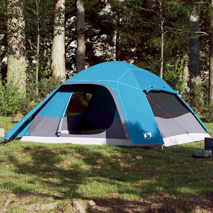 Blauwe vidaXL koepeltent voor 6 personen, waterdicht en ruim in de natuur.