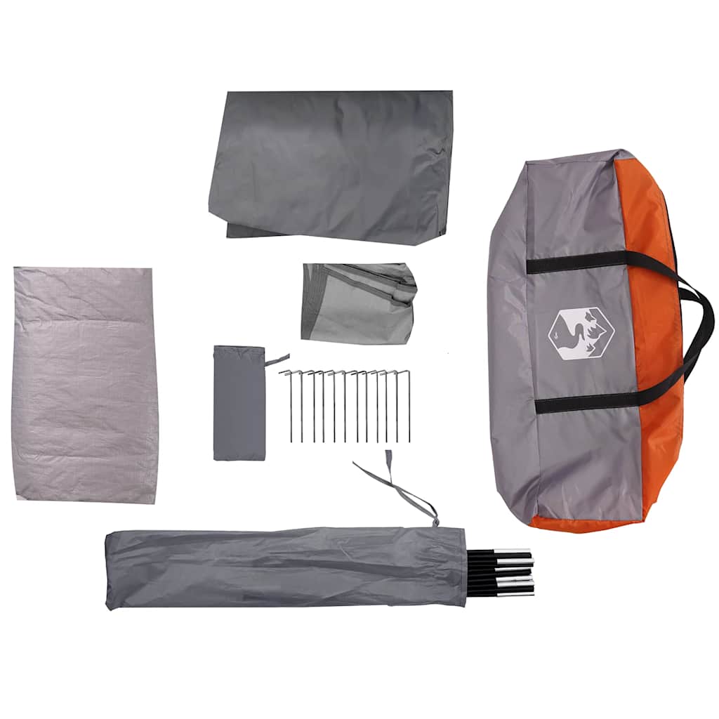 Detail van de grijze vidaXL koepeltent met tentstokken en accessoires in opbergtas.