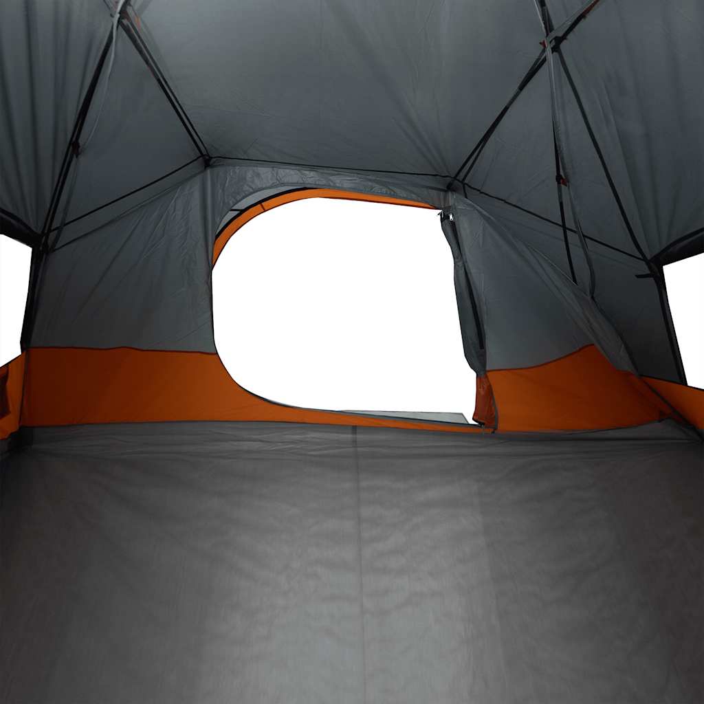 Detail van de grijze vidaXL koepeltent met een ventilatierooster en oranje accenten.