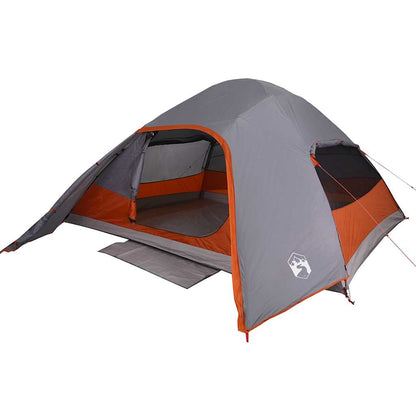 Zijaanzicht van de vidaXL koepeltent in grijs met oranje accenten, open ingang.