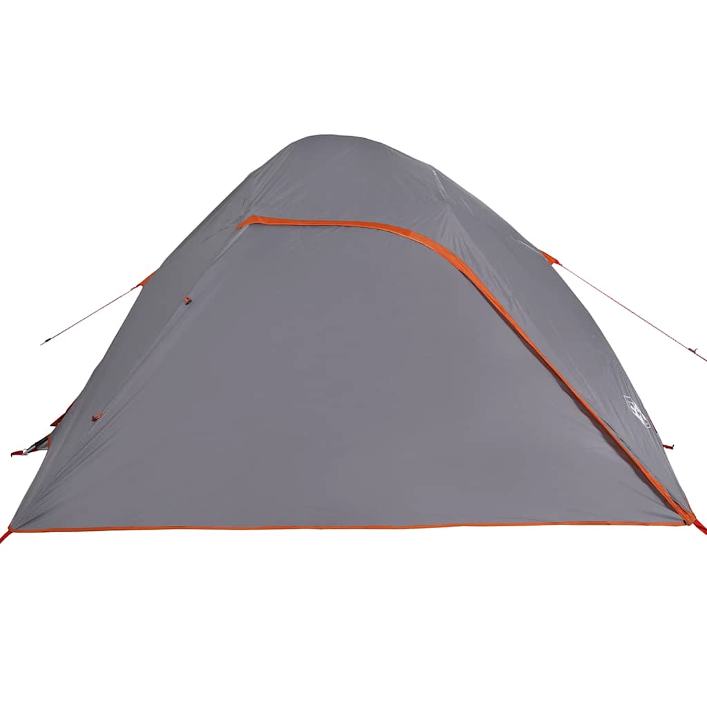 Zijaanzicht van de grijze vidaXL koepeltent met oranje accenten.