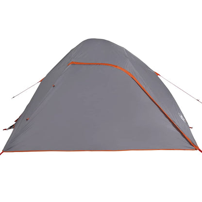 Zijaanzicht van de grijze vidaXL koepeltent met oranje accenten.