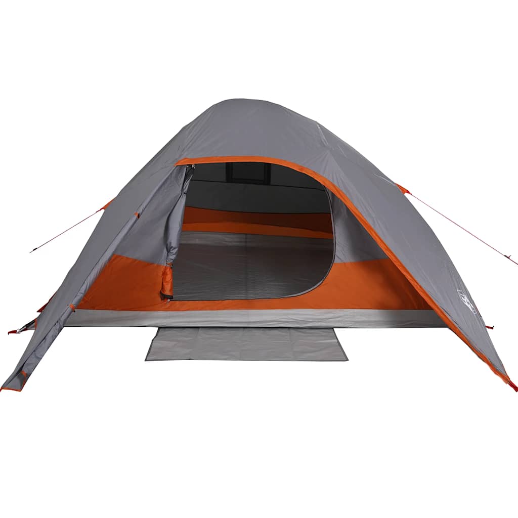 Zijaanzicht van de vidaXL koepeltent in grijs met oranje details en open ingang.