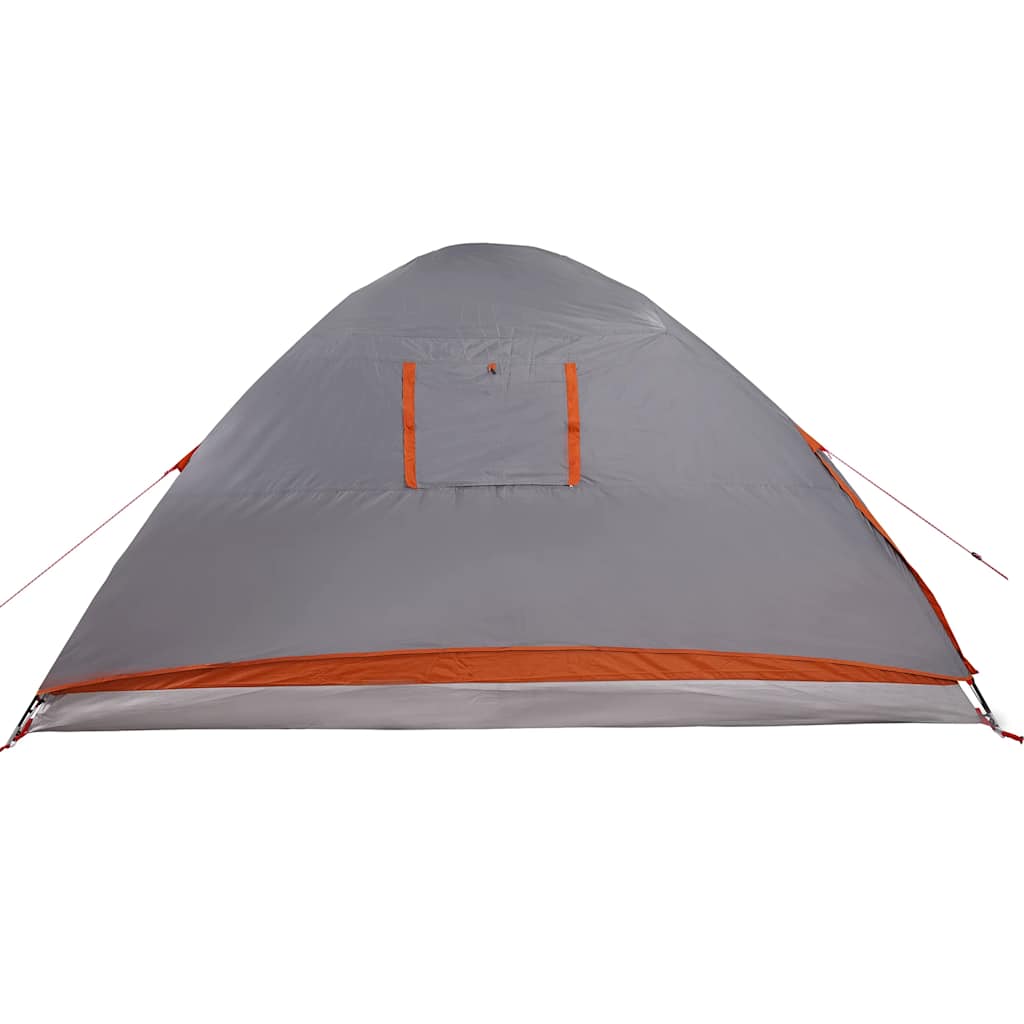 Zijaanzicht van de vidaXL koepeltent in grijs met oranje accenten en ventilatierooster.