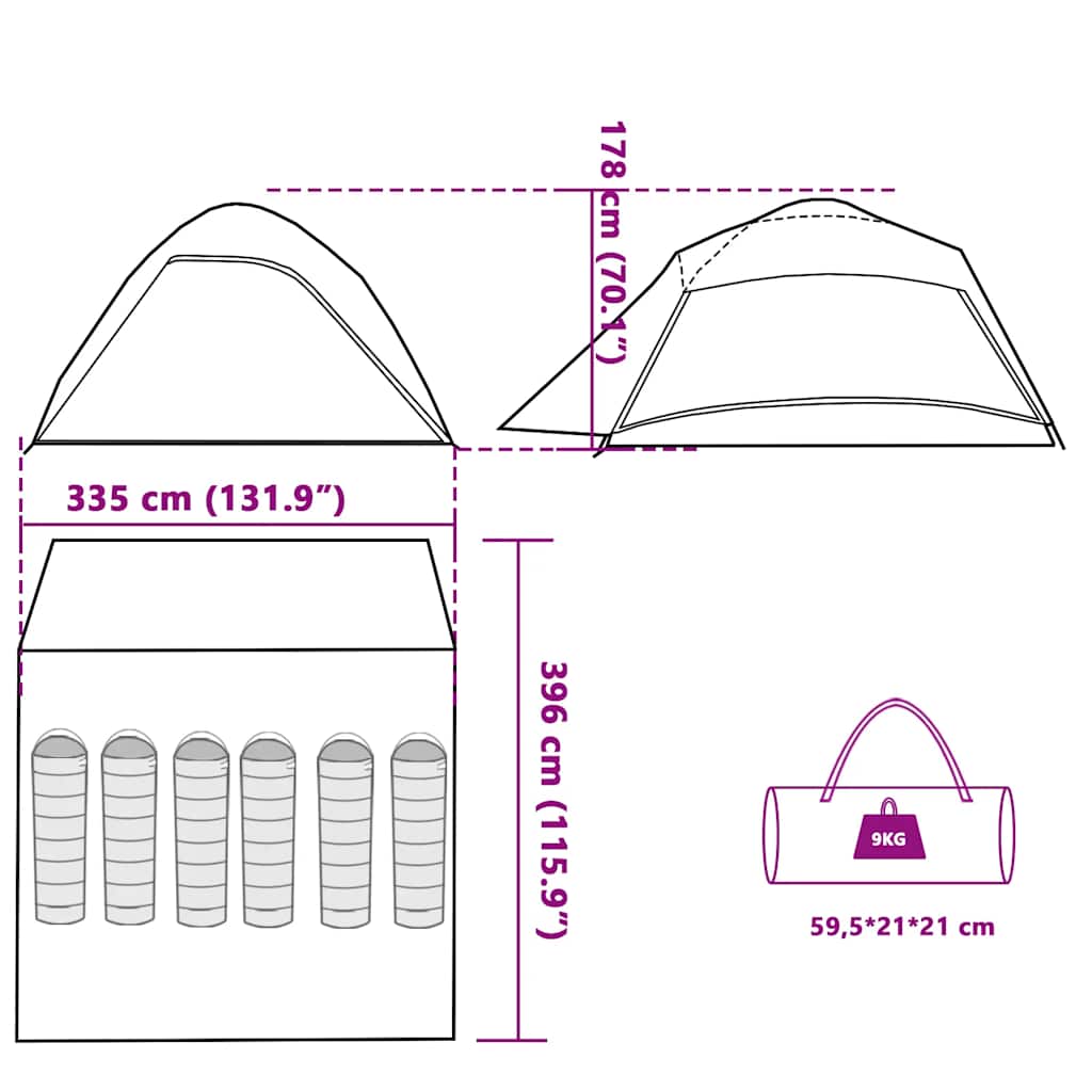 Technische tekening van de vidaXL koepeltent met afmetingen en draagtas.