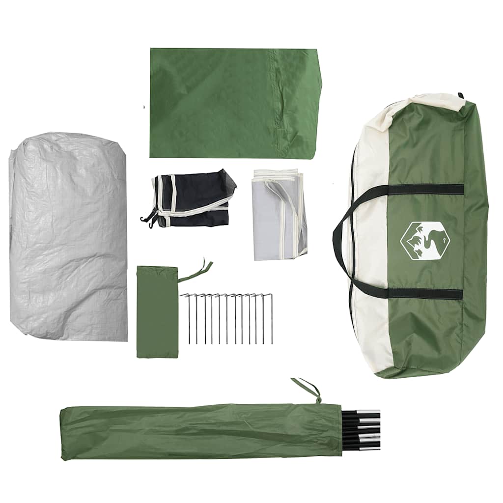 Detailweergave van de accessoires en tentonderdelen van de vidaXL koepeltent in groen.