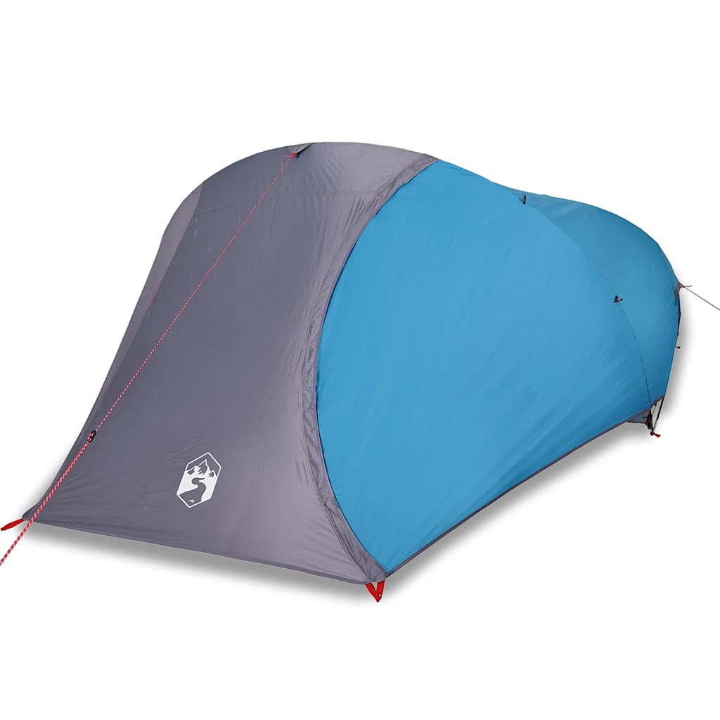 Zijaanzicht van de vidaXL koepeltent in blauw met grijze accenten.
