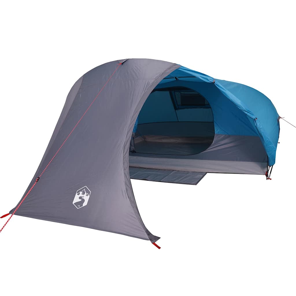 Zijaanzicht van de vidaXL koepeltent in blauw met grijze details en open ingang.