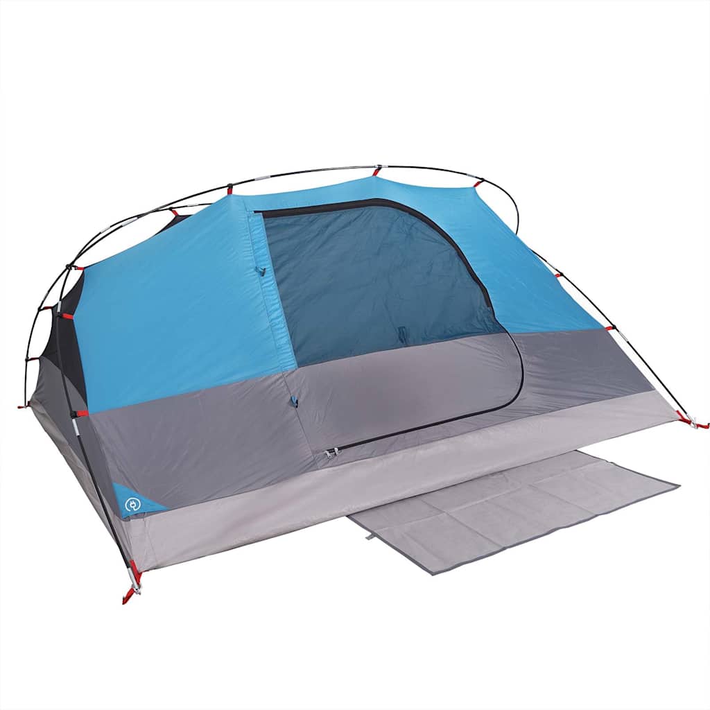 Zijaanzicht van de vidaXL koepeltent in blauw met grijze onderzijde en ingangen.