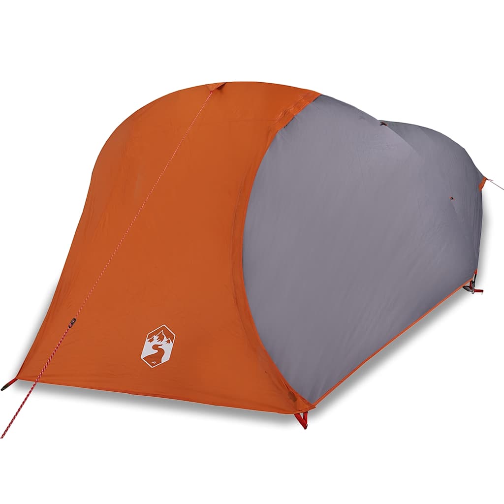 Detail van de grijs-oranje vidaXL koepeltent met afgeronde bovenkant en stevige rits.