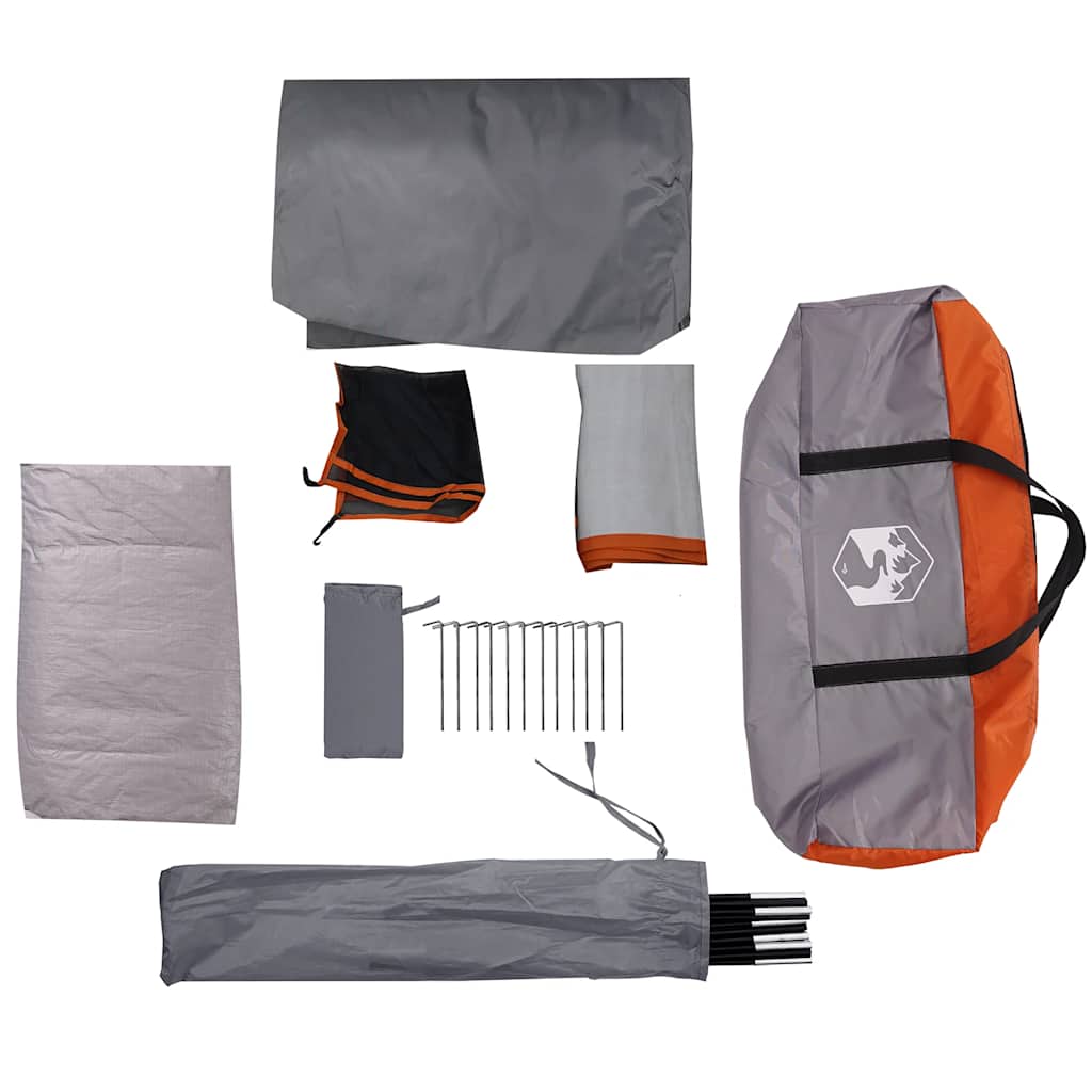 Detail van de grijs-oranje vidaXL koepeltent met accessoires en stokken.