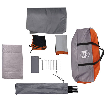 Detail van de grijs-oranje vidaXL koepeltent met accessoires en stokken.
