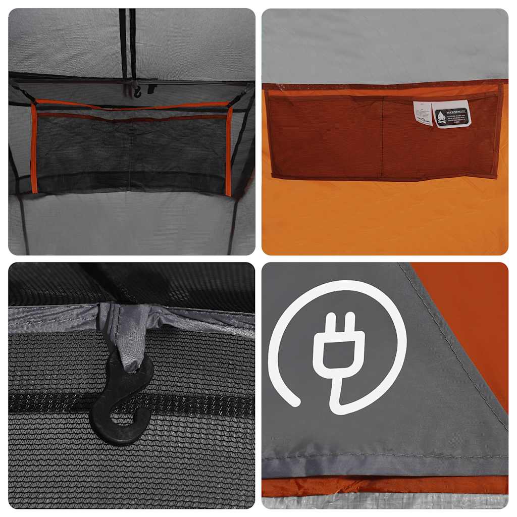 Detail van de grijze en oranje vidaXL koepeltent met opbergvak en kabeldoorvoer.