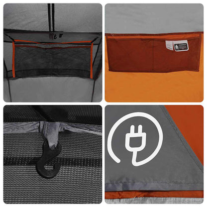 Detail van de grijze en oranje vidaXL koepeltent met opbergvak en kabeldoorvoer.